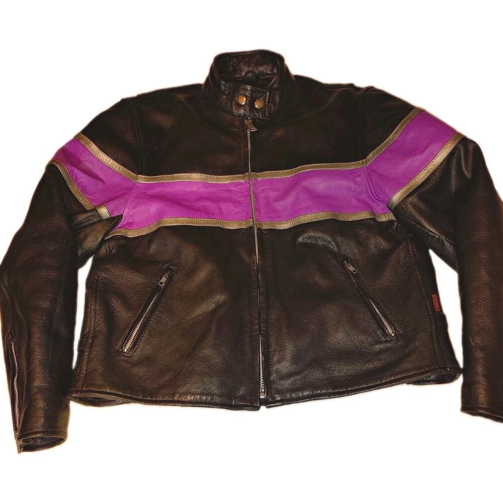 Vtg Hot Leathers XXL Black Leather Biker Jacket Purple Stripe Removable Liner